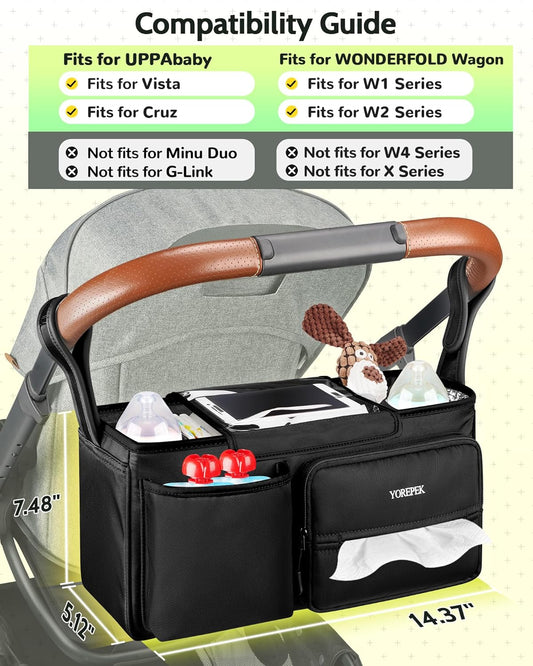 YOREPEK Spacious Stroller Caddy Fits for UPPAbaby Vista/Minu/Cruz, Adjustable Stroller Organizer with 2 Insulated Cup Holders, Easy-clean Stroller Bag for Travel, Walks, Accessories, Baby Essentials