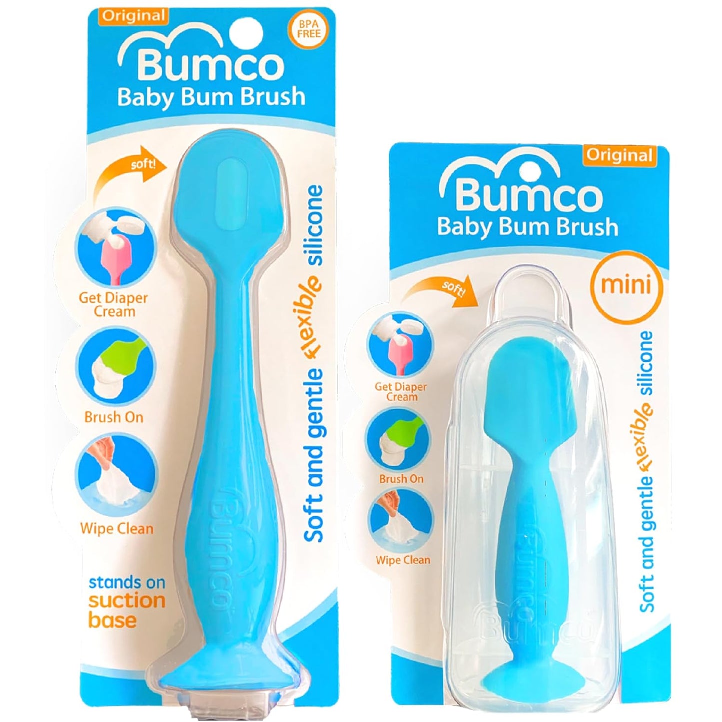 Bumco Mini Baby Diaper Cream Spatula with Case - BPA-Free Silicone Diaper Spatula with Suction Cup, Wipe-Clean Baby Bum Brush, Mom-Invented Butt Paste Applicator (Blue)