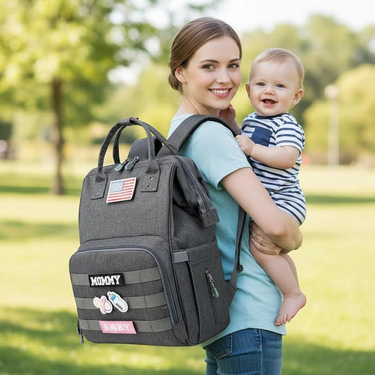 Diaper Bag Backpack for Dad and Mom with USB Charging Port Stroller Straps and Insulated Pocket,army military Travel Nappy Backpack (Dark Grey)