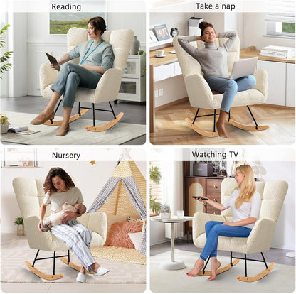 Furniliving Nursery Rocking Chair Upholstered Glider Rocking Chair Modern Accent Chair Padded Seat Reading Chair with High Backrest Comfy Chair for Living Room, Bedroom, Nursery, Black, Teddy