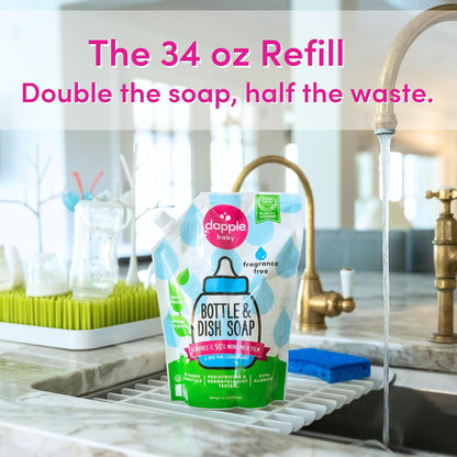 Dapple Baby Fragrance Free Bottle & Dish Soap - (3 Pack) 16.9 fl oz - Cleans Baby Bottles, Sippy Cups, Pacifiers, Breast Pumps, & More - Gently Removes Milk Film & Odors - Includes 1 Pump