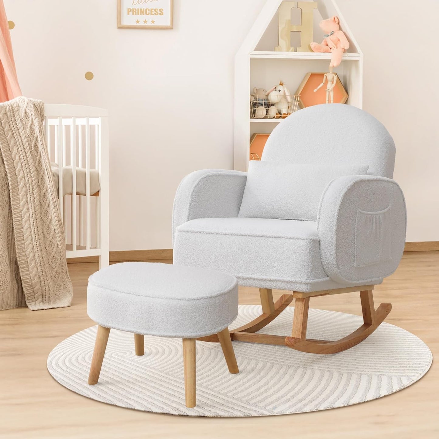 HCHAIRH Nursery Rocking Chair with Ottoman, Upholstered Glider Rocker with High Backrest Side Pocket, Rocking Accent Armchair with Solid Wood Legs for Nursery, Living Room, Bedroom, Light Grey