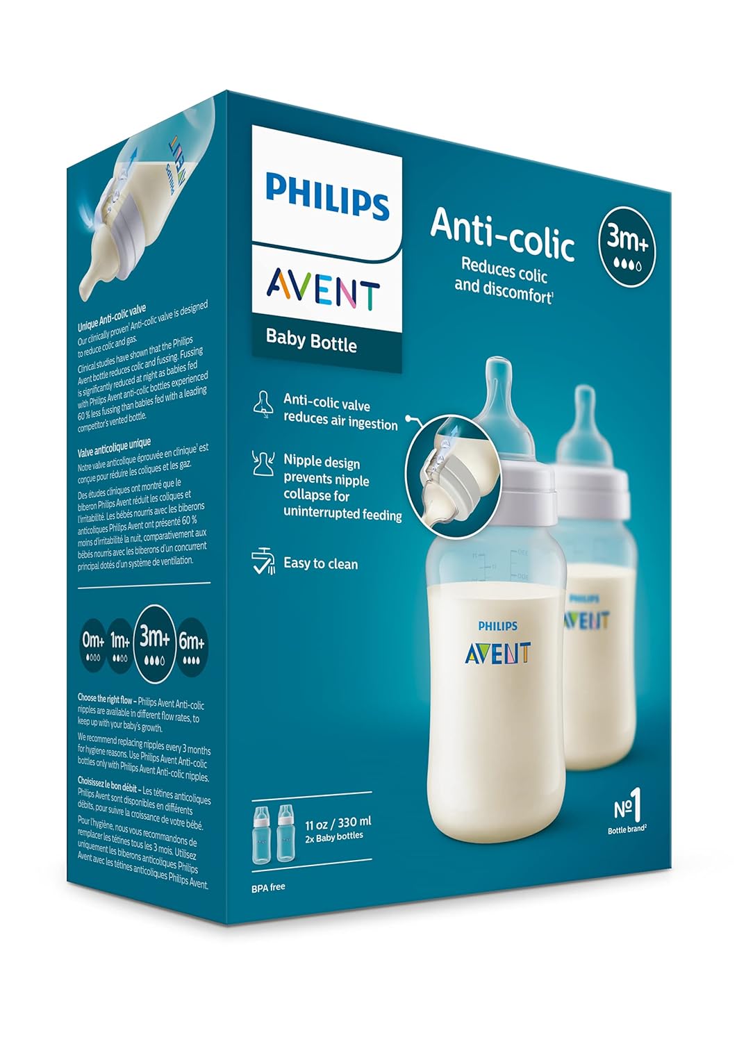 Philips Avent Anti-Colic Baby Bottles, 11oz, with Flow 3 Nipples, 3m+, 2pk, Clear, SCY106/02