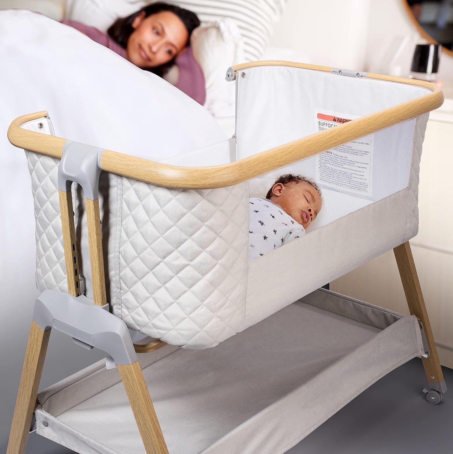 3 In 1 Baby Bassinet with Wheels, Portable Bedside Sleeper for Baby with 7 Adjustable Heights and Foam Mattress, Baby Bedside Crib for Newborns and Infants with Storage Basket, Carry Bag Included
