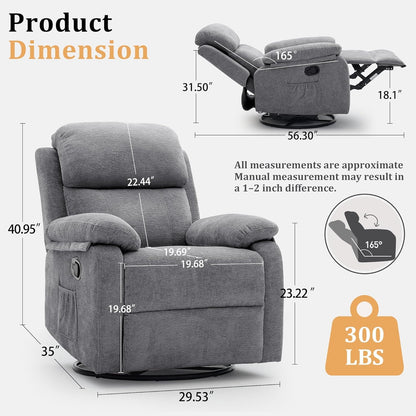 Korser Recliner Chair, 360 Swivel Rocker Chair for Adults, Small Rocking Recliner for Small Spaces, Upholstered Fabric Glider Recliner Nursery