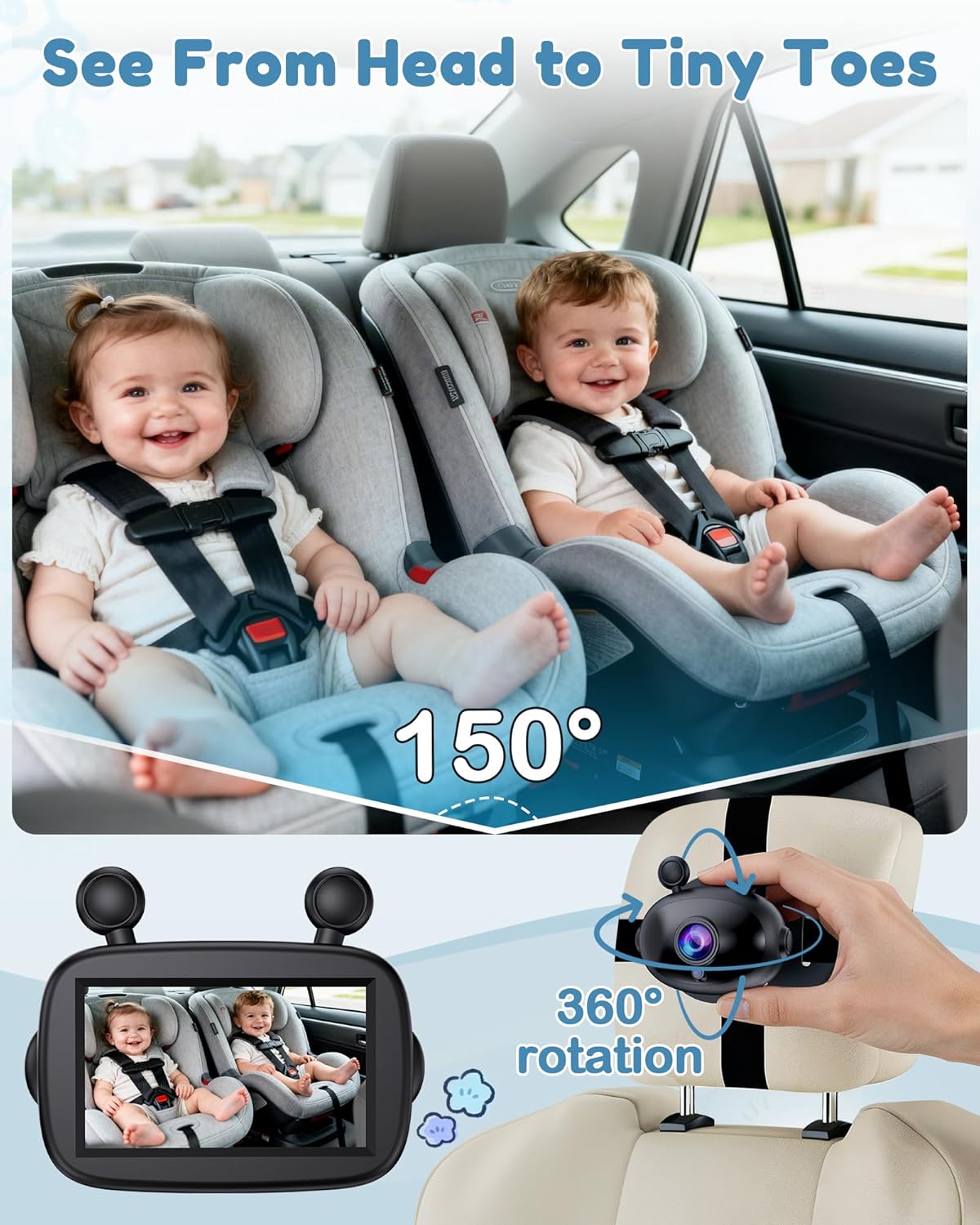 HD 1080P Day& Night Vision Car Seat Camera - Easy to Install 150° Wide Angle Baby Car Camera for Full Backseat View - Brightness Adjustment Monitor Fits Most Cars,SUVs,Trucks