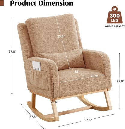 HCHAIRH Rocking Chair Nursery, Sherpa Nursing Rocking Chairs, Upholstered Nursery Glider Rocker for Mom Nursery Morden Accent Rocking Chair Pillow for Living Room,Bedroom,Teddy Light Grey
