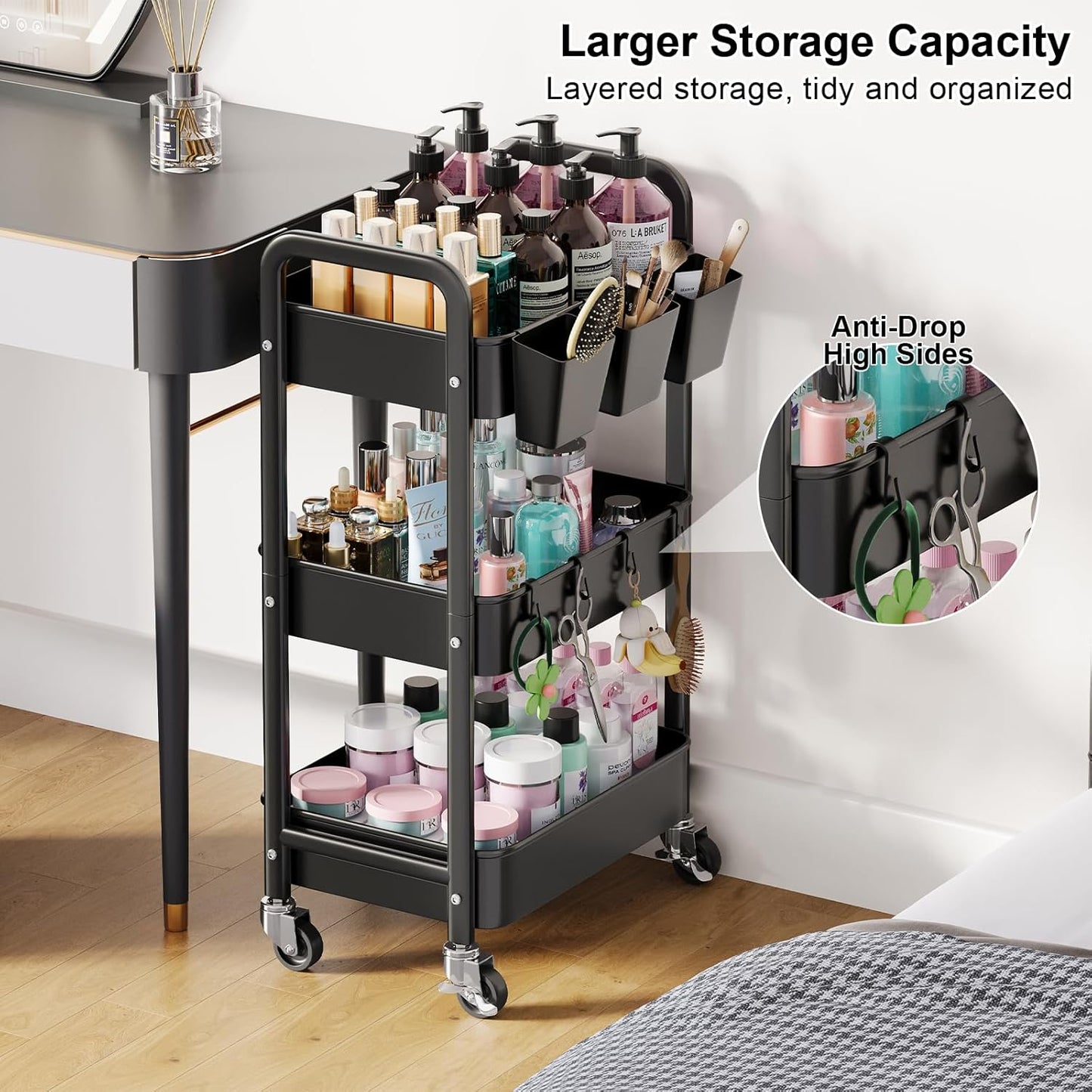 Beige 3 Tier Rolling Cart Metal on Wheels, Three Tiered Storage Organizer Utility Trolley with Wheels for Art, Craft, Baby Diaper Caddy, Snack, Book, Nail, Lash, Cleaning Supplies, Kitchen, Bathroom