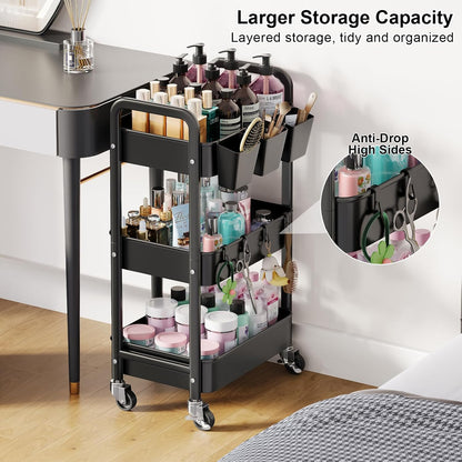 Beige 3 Tier Rolling Cart Metal on Wheels, Three Tiered Storage Organizer Utility Trolley with Wheels for Art, Craft, Baby Diaper Caddy, Snack, Book, Nail, Lash, Cleaning Supplies, Kitchen, Bathroom