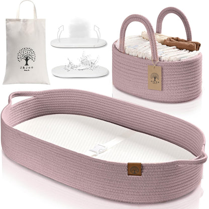 J&JOO Baby Changing Basket includes Diaper Caddy - Soft & Waterproof Dual-Cover, Portable, Changing Pad for Dresser & Changing Table, Gift for Baby Shower, Organic Cotton Rope