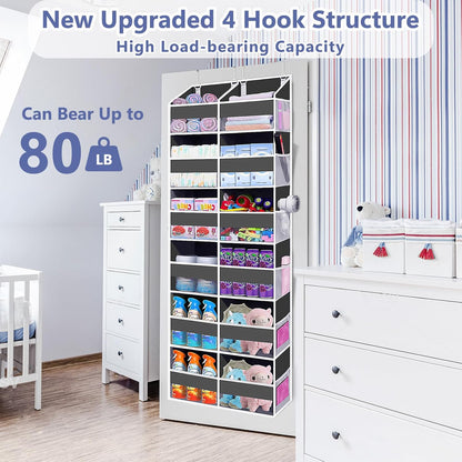 Heavy Duty Over The Door Organizer 5 Tiers, Extra Large Behind Door Storage of 10 Big Front & 10 Mesh Pockets, 80lb Weight Capacity, Hanging Doors Storage Organizer for Closet Bedroom Nursery, Grey