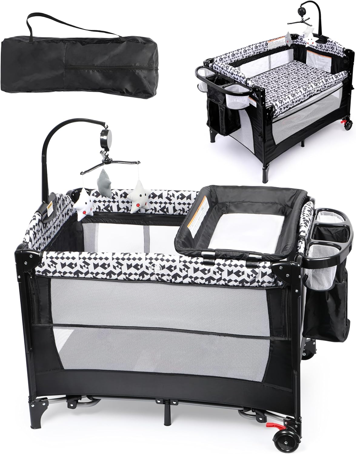 Xilingol 5-in-1 Baby Bassinet Bedside Sleeper, Pack and Play with Changing Table, Portable Crib with Carry Bag, Cosleeper Attach to Bed for Newborn to Toddlers