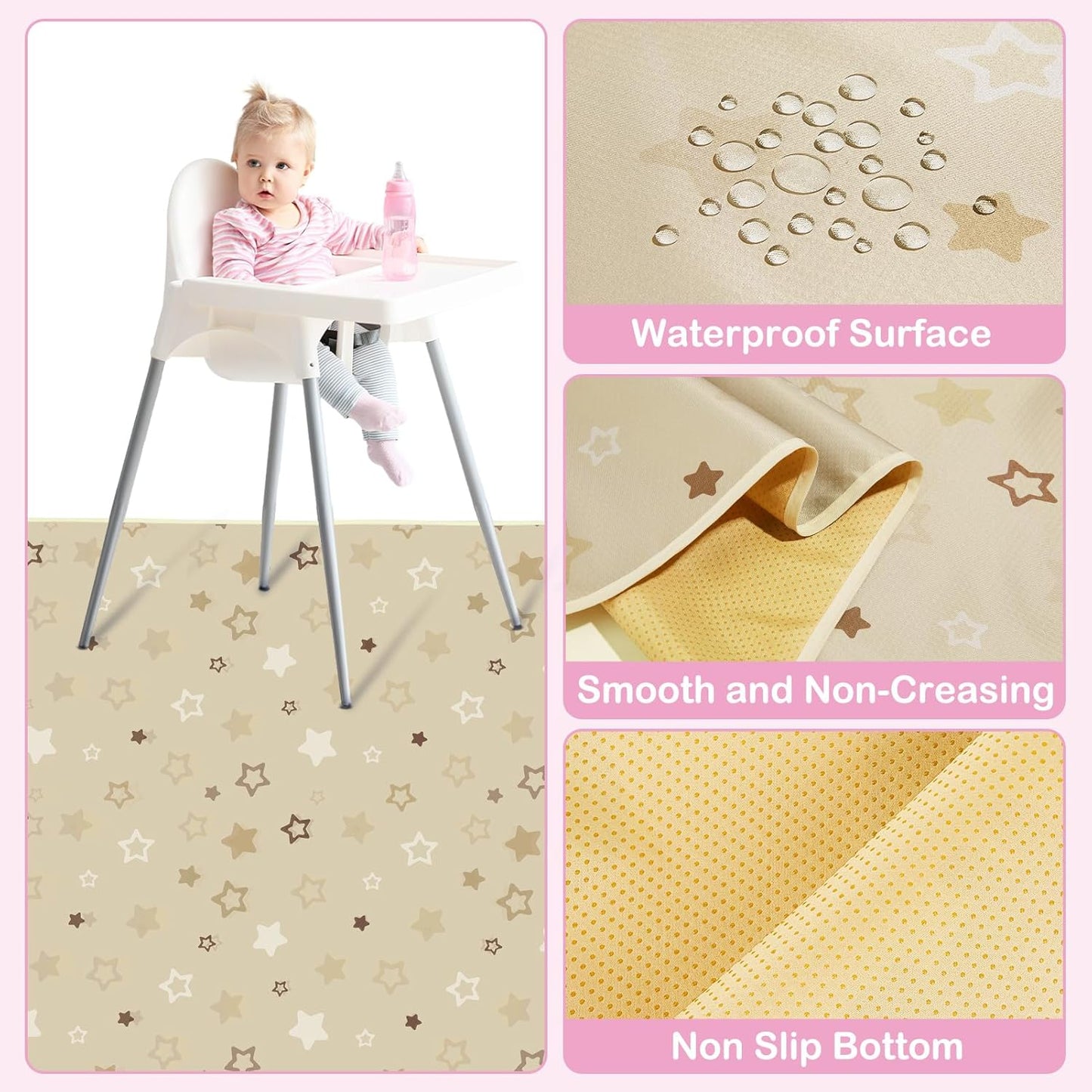 Basumee Splat Mat High Chair Mat Waterproof Baby Play Splat Mat for Under High Chair Food Catcher Highchair Mat for Floor Non Slip Bottom, Pink Rainbow, 46x42 Inches