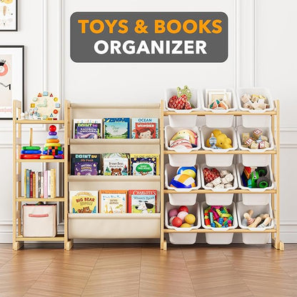 SpaceAid 3-in-1 Toy Storage Organizer with 4 Shelves and 12 Bins, Toy Organizers Storage 3-Tier Bookshelf, Kids Bin Shelf Box Bookcase for Bedroom Playroom Organization Room Decor, White
