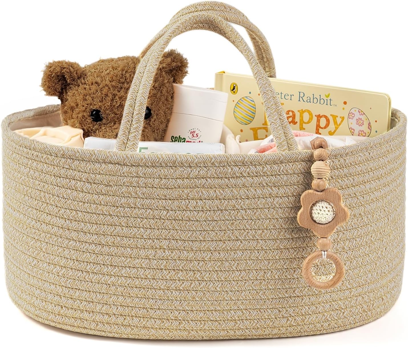 Diaper Caddy Organizer, Empty Gift Basket for Newborn Essentials, Baby Storage Basket, Stylish Gift Bag for Baby Shower, Boys and Girls – Small, White and Beige Brown