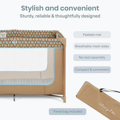Dream On Me Zodiak Baby Playard, Breathable Mesh Sides, Soft Comfortable Mattress, Quick & Easy to Fold with Travel Carry Bag, Compact Space Saving Design - Coffee/Blue
