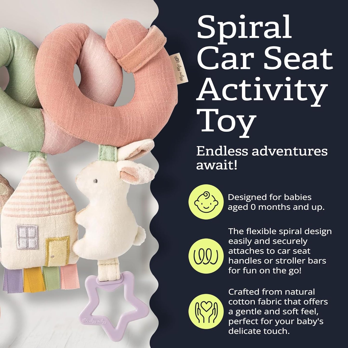 Itzy Ritzy Spiral Car Seat & Stroller Activity Toy - Stroller & Car Seat Toys for Ages 0 Months and Up - Hanging Toys Include Dangling Ring, Mirror and Textured Ribbons (Veggie)