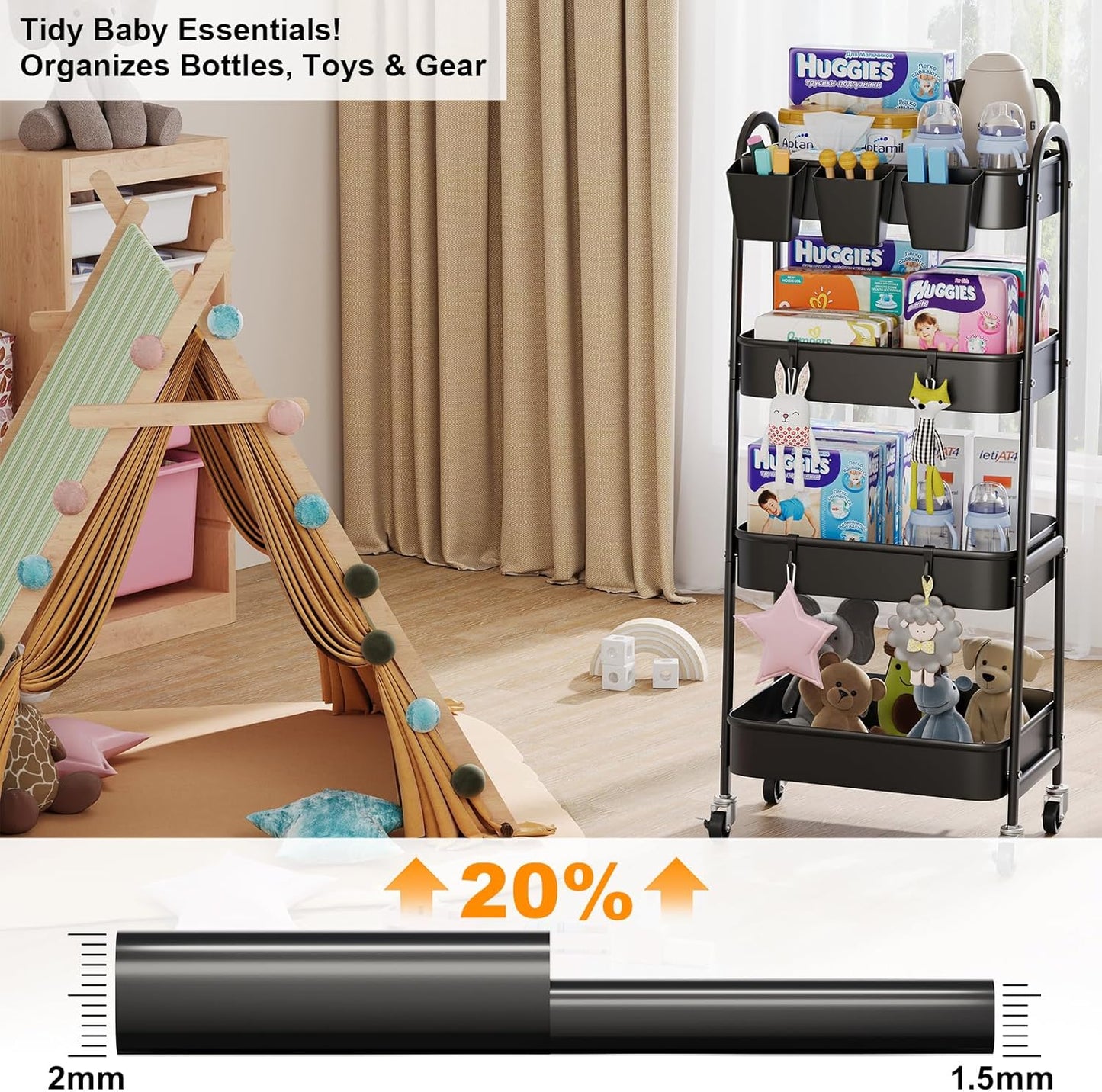 3 Tier Heavy Duty White Metal Rolling Cart with Lockable Wheels, Three Tier Roller Book Snack Cart, Utility Storage Organizer Carts for Kitchen, Bathroom, Garage, Baby Diaper, Craft, Art, Teacher