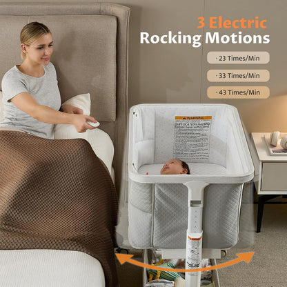 VaVaSoo Electric Rocking Bassinet for Baby Automatic Bedside Sleeper Rocks Itself 3 Speeds Auto Rolling Newborn Cradle 5 Height Adjustable with Music, Wheels, Storage, Dark Grey