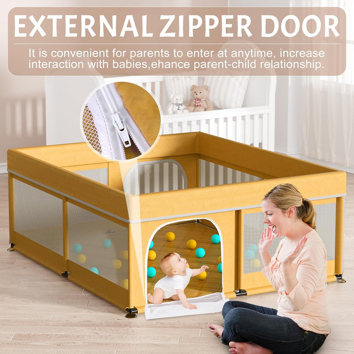 Omzer Baby Playpen with Mat 71"×59" - Extra Large Playpen for Babies and Toddlers with Mat Included, Safety Playard for Baby with Gate, All-Wrapped Soft Sponge Baby Gate Playpen with Stable Mat Velcro