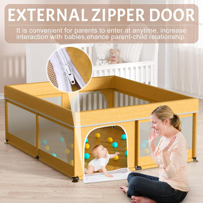 Omzer Baby Playpen with Mat 71"×59" - Extra Large Playpen for Babies and Toddlers with Mat Included, Safety Playard for Baby with Gate, All-Wrapped Soft Sponge Baby Gate Playpen with Stable Mat Velcro