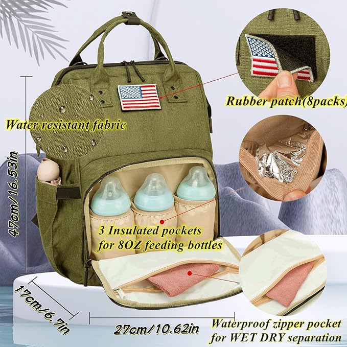 Diaper Bag Backpack for Dad and Mom with USB Charging Port Stroller Straps and Insulated Pocket,army military Travel Nappy Backpack for daddy mommy (Green)