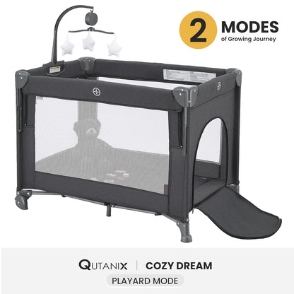 QUTANIX 2-in-1 Pack and Play with Mattress,Baby Bassinet Bedside Sleeper, Bedside Bassinet & Baby Playpen, Easy Folding Portable Crib for Newborn to Toddlers (Dark Grey)