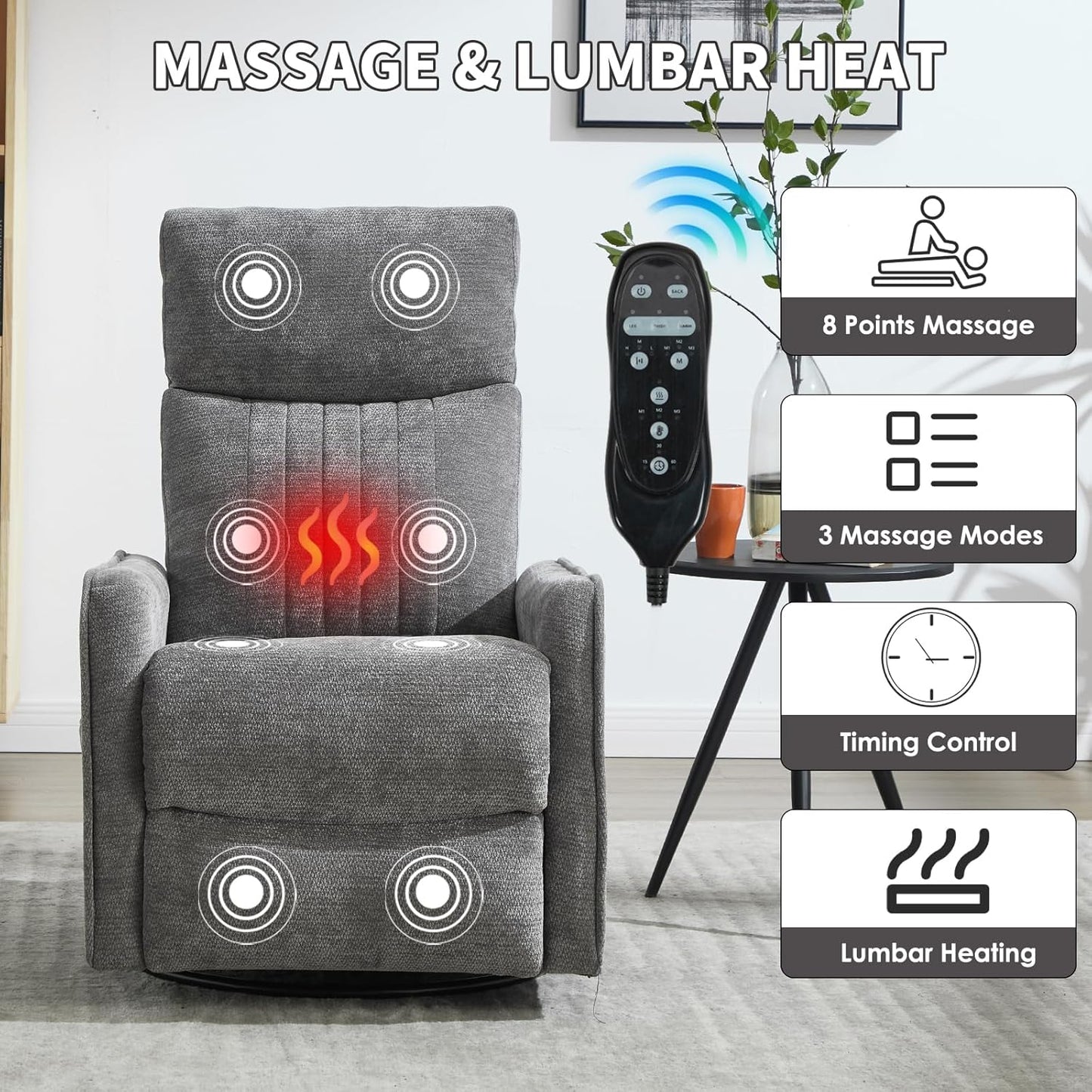 Trustyue Swivel Rocker Recliner Chair, 360° Swivel Recliner with Heat and Massage, Rocker Recliner Nursery Glider Chair with Side Pockets for Living Room (Beige, Fabric)