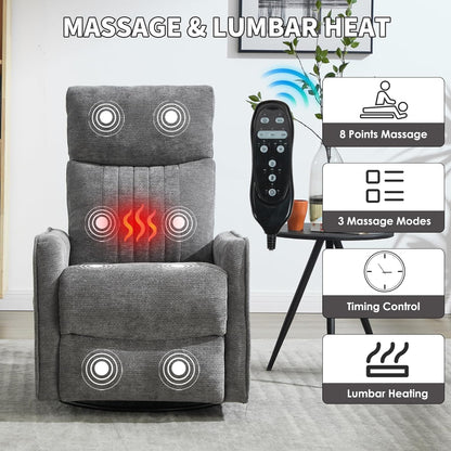 Trustyue Swivel Rocker Recliner Chair, 360° Swivel Recliner with Heat and Massage, Rocker Recliner Nursery Glider Chair with Side Pockets for Living Room (Beige, Fabric)