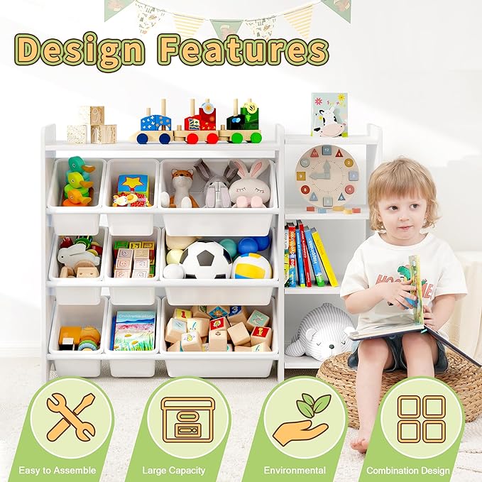 MallBest 4-Tier Kids' Toy Storage Organizer Shelf - 100% Solid Wood,Children's Storage Cabinet with 9 Plastic Bins and 3 Storage Ports(White-Single Color)