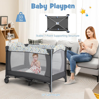 HONEY JOY Pack and Play, 4 in 1 Portable Baby Playard with Bassinet, Changing Table, Lockable Wheels, Music Box, Foldable Travel Baby Crib Nursery Center from Newborn to Toddler (Dark)