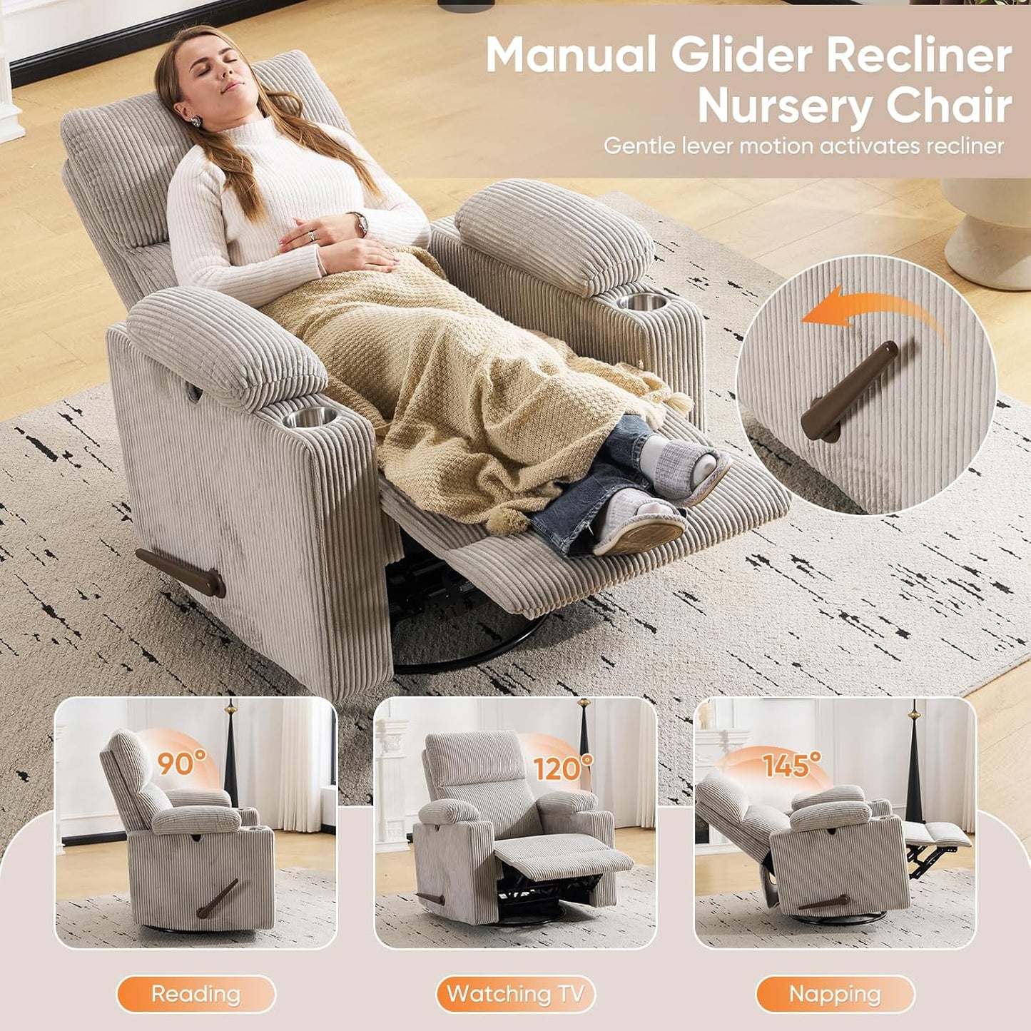 Rocking Chair Nursery with Adjustable Armrests, Electric Glider Recliner Nursing Chair for Breastfeeding, Power Swivel Recliner Chairs with Massage and Heat, Adjustable Headrest , FSC Certified, White
