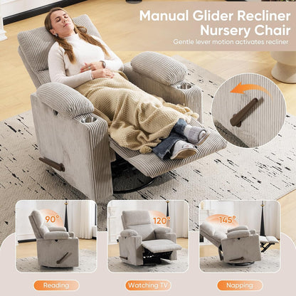 Rocking Chair Nursery with Adjustable Armrests, Electric Glider Recliner Nursing Chair for Breastfeeding, Power Swivel Recliner Chairs with Massage and Heat, Adjustable Headrest , FSC Certified, White