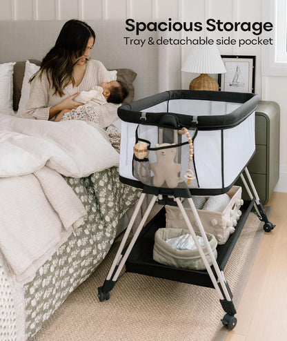 Fodoss Baby Bassinets Bedside Sleeper - 3-in-1 Baby Bassinet with Wheels, Soft Mattress, Storage Tray, Full-Mesh Sides, 7-Height Adjustable Crib for Newborns