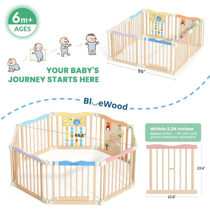Foldable Wooden Playpen - Adjustable Wood Baby Play Yard with Child-Proof Lock, Indoor Large Safety Fence for Babies and Toddlers - Easy Assembly, 55 x 55 x 24 inches, Dino Land, Colorful