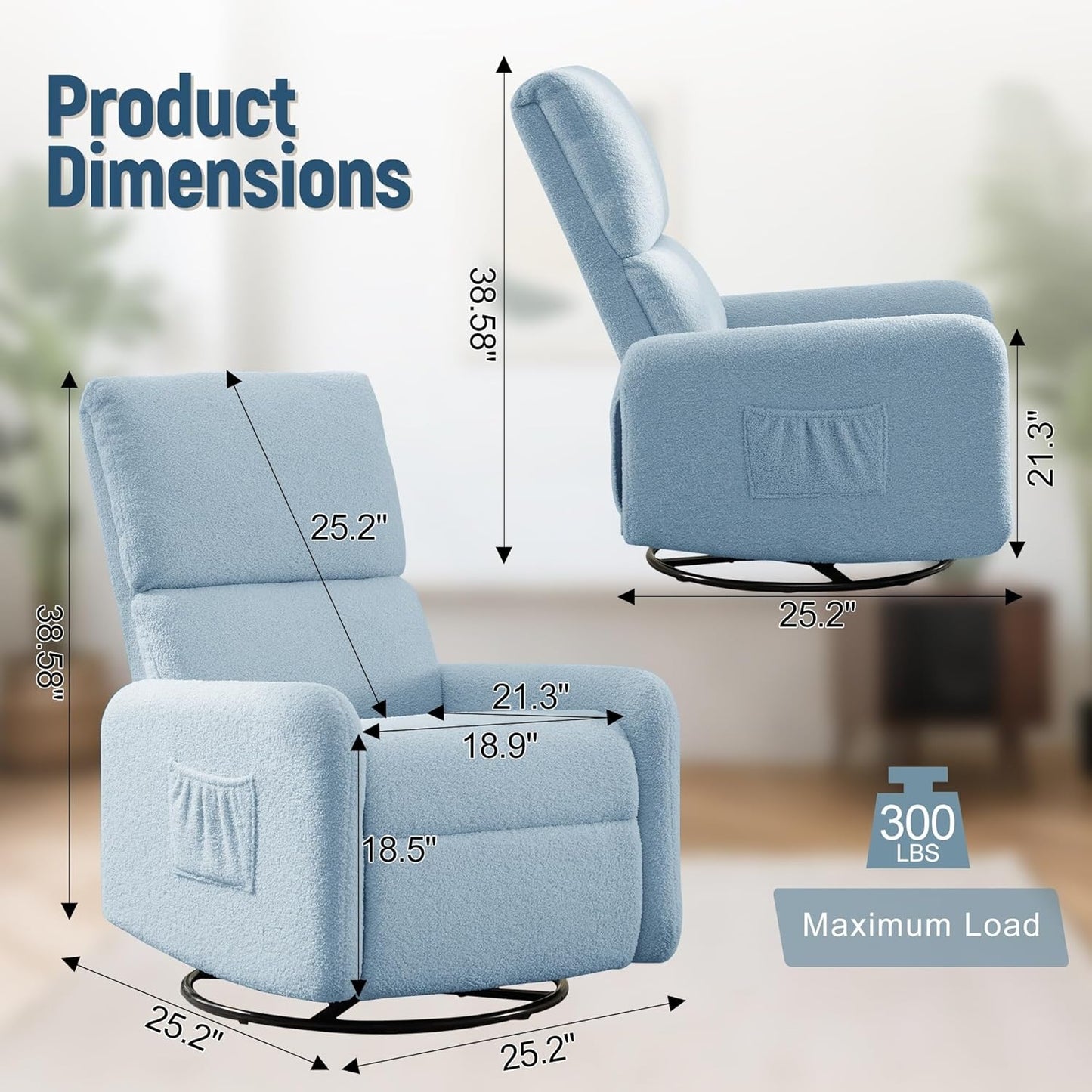 Korser 360° Rocking Chair, Nursery Rocker Chair with Side Pockets, Glider Nursing Chair with Steel Structure Base, Small Chair for Small Spaces, Sherpa Swivel Accent Chairs for Living Room, Nursing
