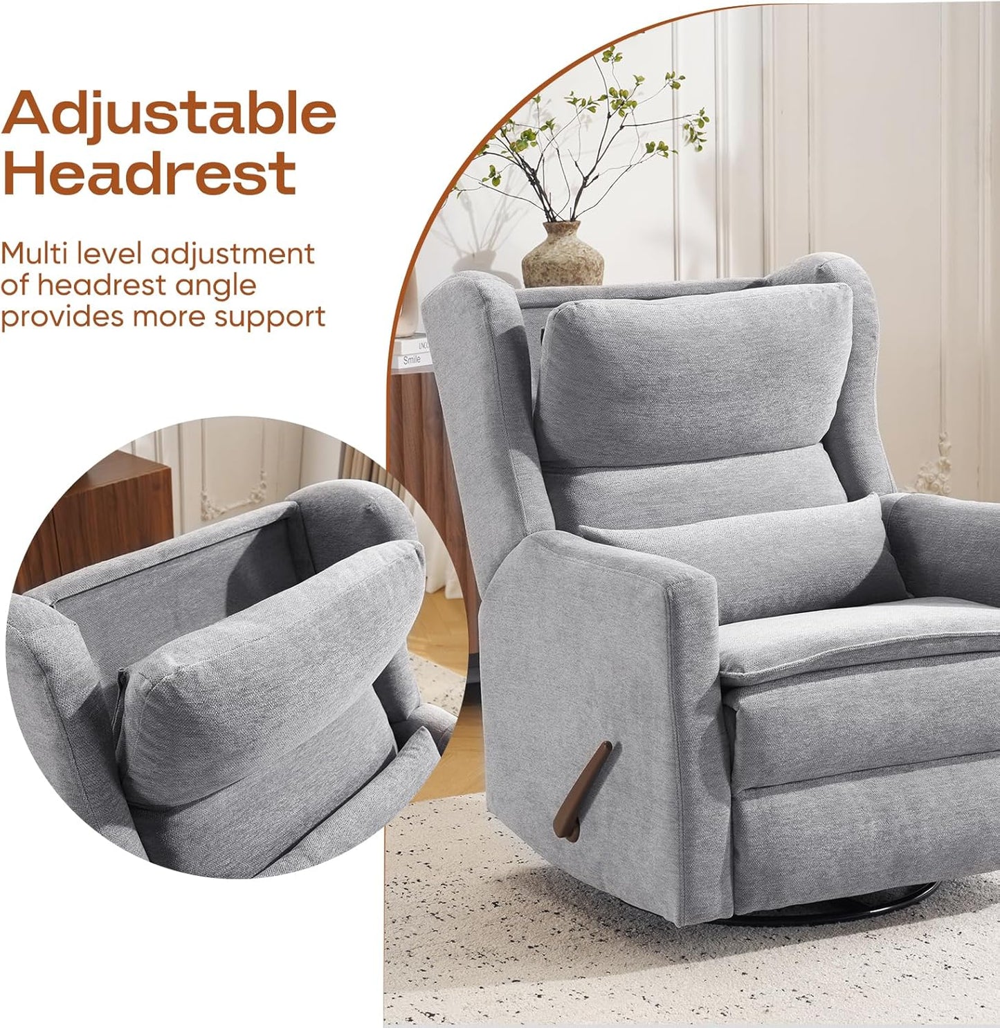 Power Recliner Chair Swivel Glider with Adjustable Headrest，Oversized Swivel Rocker Recliner with Lumbar Support, Upholstered Nursery Glider Recliner for Living Room,White