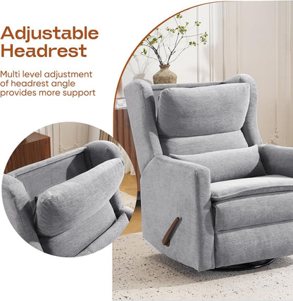 Power Recliner Chair Swivel Glider with Adjustable Headrest，Oversized Swivel Rocker Recliner with Lumbar Support, Upholstered Nursery Glider Recliner for Living Room,White