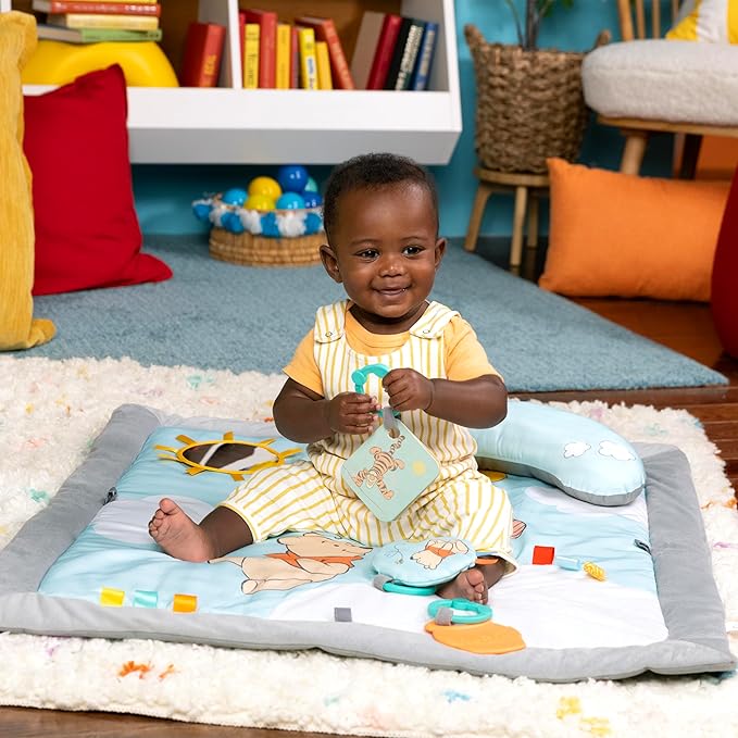 Bright Starts Disney Winnie The Pooh Once Upon a Tummy Time Baby Play Mat, Tummy Time Mat and Play Gym, Blue, Newborn