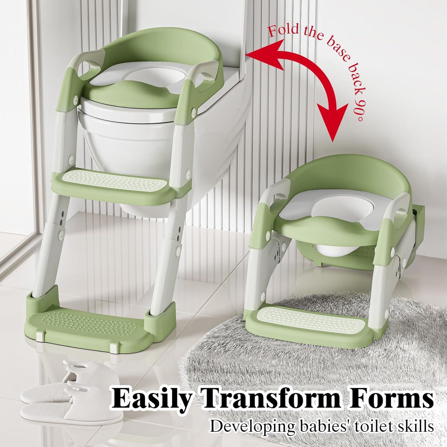 XIGGA 3 in 1 Potty Toilet Training Seat with 2-level Adjustable Steps, Equipped with Waterproof Cushion and Non Slip Step Stool, Dedicated Toilet Seat for Boys Girls - Green