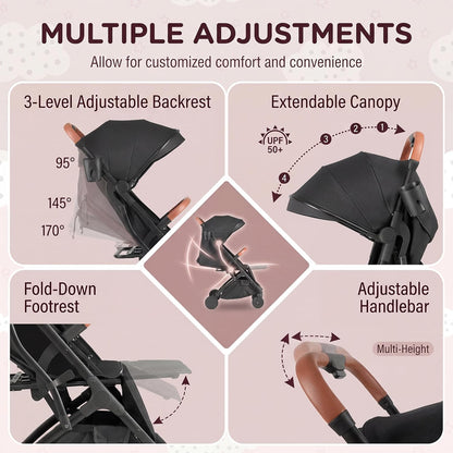 HONEY JOY Lightweight Baby Stroller, Compact Travel Stroller w/Aluminum Frame, Footmuff, EVA Wheels w/Spring Suspension, Multi-Position Recline, One-Hand Fold Luggage Handle for Toddlers (Gray)