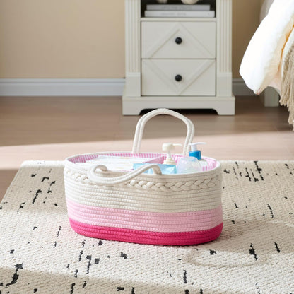 luxury little Diaper Caddy Organizer, Large Cotton Rope Nursery Baby Basket, Changing Table Organizer for Baby Diaper Storage, Portable Car Organizer Removable Divider (Off White, Large)