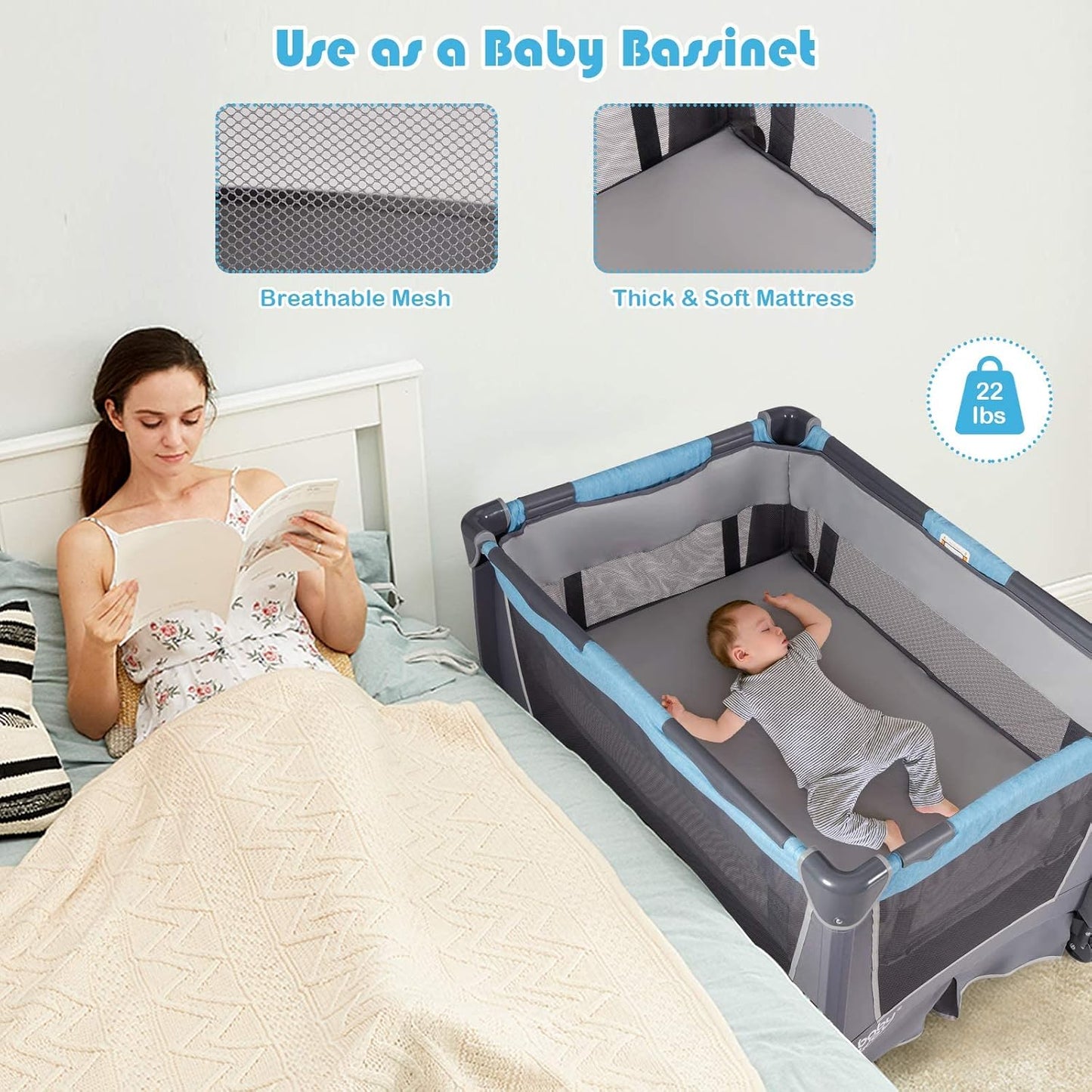 HONEY JOY Pack and Play, 5 in 1 Portable Infant Playpen with Bassinet & Changing Table, Storage Bag, Music Box, Toys, Carry Bag, Nursery Center, Baby Playard Pack n Play Crib for Boys Girls