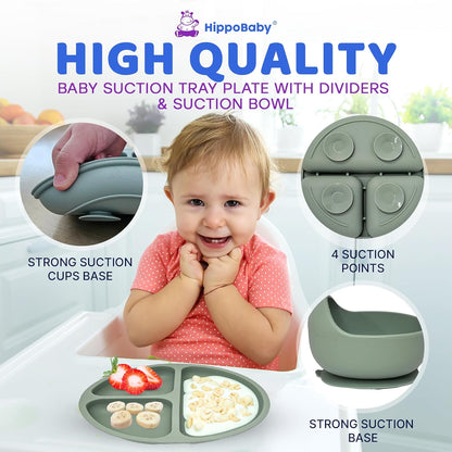 HippoBaby Baby Led Weaning Supplies | 10 Piece Silicone Baby Feeding Set | Baby Toddler Bib Cup Divided Plate and Bowl Self Feeding Spoons Dish Set | Baby Utensils | Toddler Feeding Supplies (Sky)