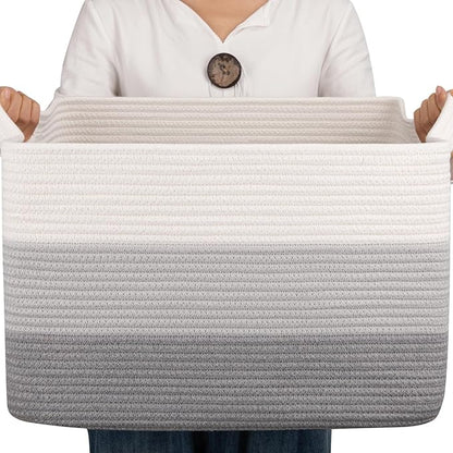 OIAHOMY Cotton Rope Basket, Rectangle Woven Baskets for Storage, Nursery Blanket Storage Living Room, Toy Basket With Handle-17.7”x13.8”x11”-Gradient Grey