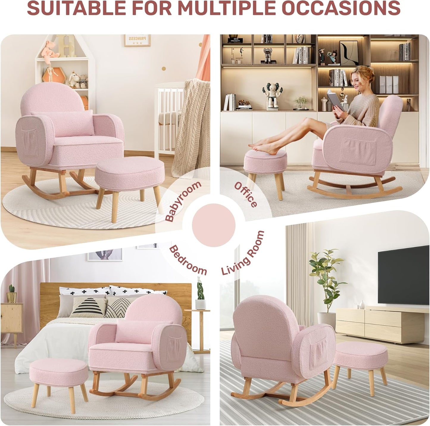 HCHAIRH Nursery Rocking Chair with Ottoman, Upholstered Glider Rocker with High Backrest Side Pocket, Rocking Accent Armchair with Solid Wood Legs for Nursery, Living Room, Bedroom, Light Grey