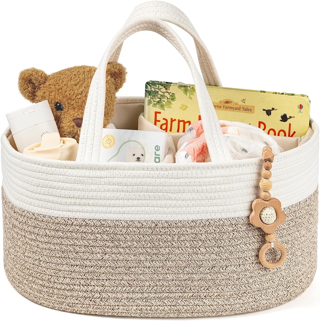 Diaper Caddy Organizer, Empty Gift Basket for Newborn Essentials, Baby Storage Basket, Stylish Gift Bag for Baby Shower, Boys and Girls – Small, White and Beige Brown