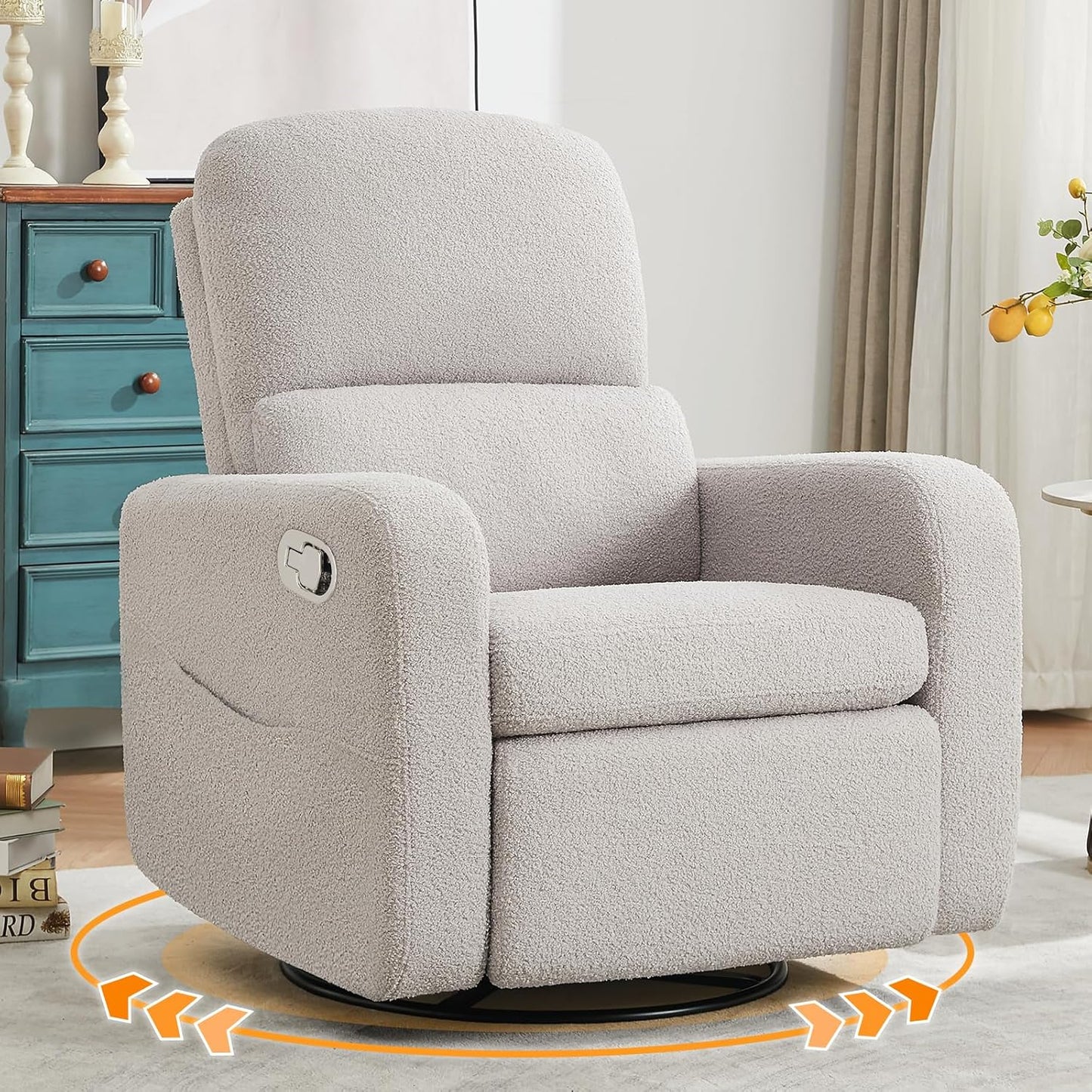 Swivel Rocker Recliner, Oversized Boucle Glider Recliner Nursery, Manual Swivel Rocking Reclining Chairs with Removable Cushion and Lumbar Support for Nursery Living Room Bedroom, Teddy White