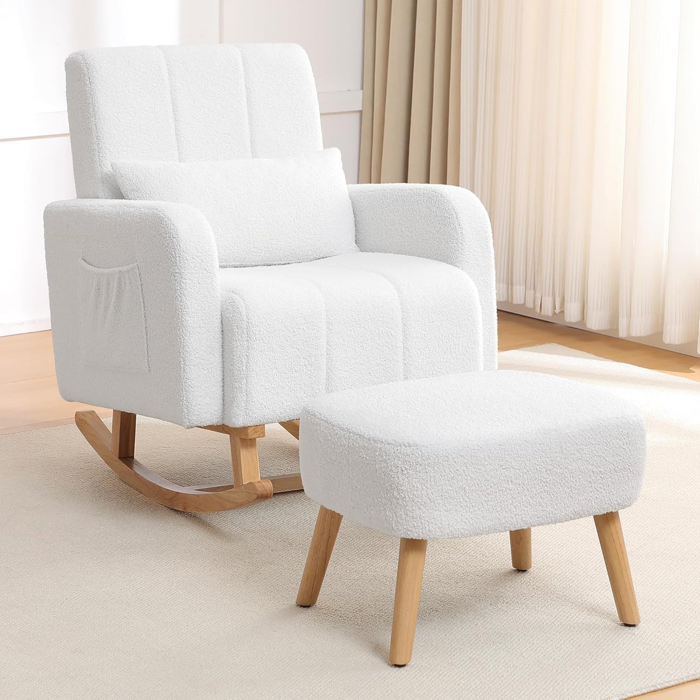 HCHAIRH Nursery Rocking Chair with Ottoman, Upholstered Glider Rocker with High Backrest Side Pocket, Rocking Accent Armchair with Solid Wood Legs for Nursery, Living Room, Bedroom, Light Grey