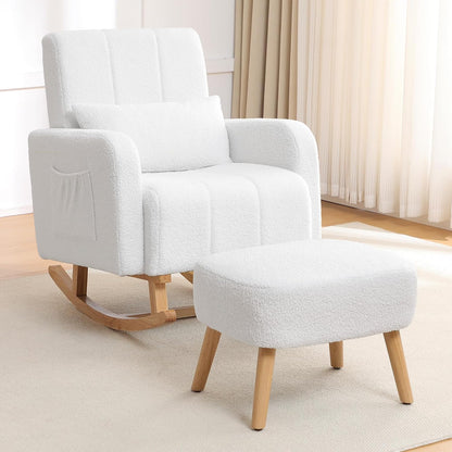 HCHAIRH Nursery Rocking Chair with Ottoman, Upholstered Glider Rocker with High Backrest Side Pocket, Rocking Accent Armchair with Solid Wood Legs for Nursery, Living Room, Bedroom, Light Grey
